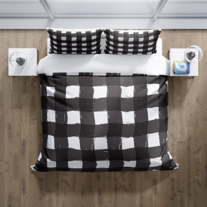 Black and White Ink Stripe Buffalo Plaid Comforter or Duvet Cover | Twin, Queen, King Size