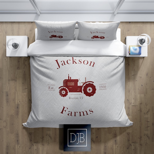 Personalized Bedding, Comforter or Duvet Cover| Red Tractor, Farm Name with Established Date | Twin, Queen, King Size | Farmhouse Bedding