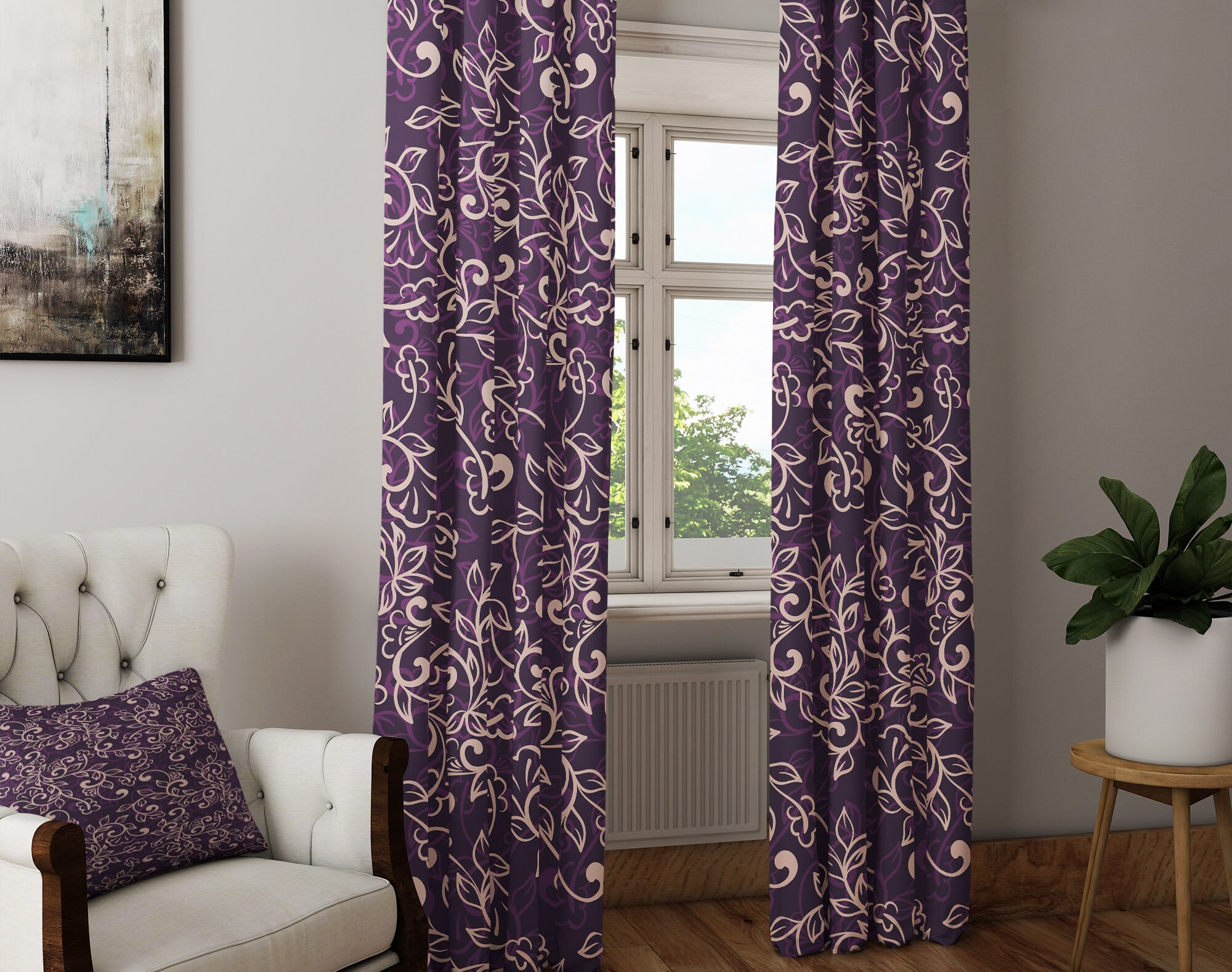 Purple and Beige Window Curtain Panels | Long Panel Lined, Unlined