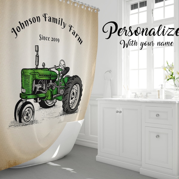 Personalized Green Tractor Farm Shower Curtain | Rustic Beige | Farmhouse, Country, Crops, Farm Gift