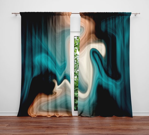Teal Black And Tan Swirl Window Curtains Long Panel Sheer Uk Tan Swirl Window Curtains, Aqua Blackout Curtains Uk