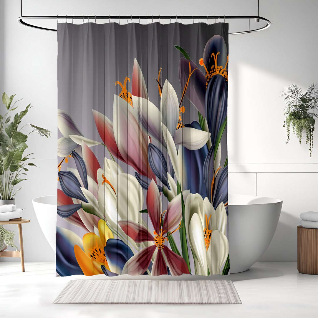 Gray Floral Shower Curtain Long and Extra Long Options Bathroom Decor