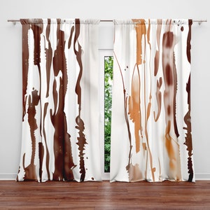 Abstract Caramel Stripes Window Curtains - Brown and Caramel Splatter | Lined, Unlined, Sheer, Room Darkening
