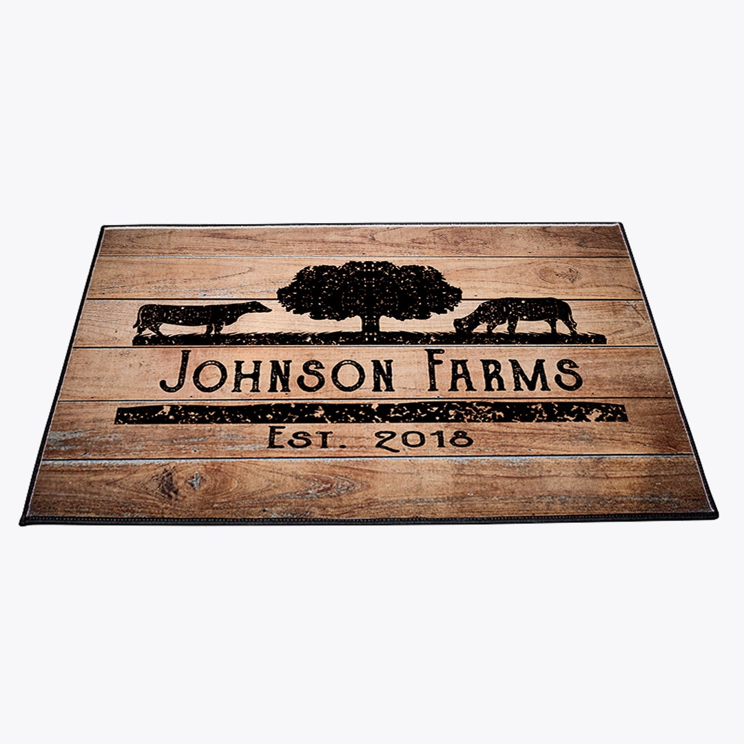 Personalized Rustic Angus Cow Farmhouse Door Rug | Rustic Wood Print ...