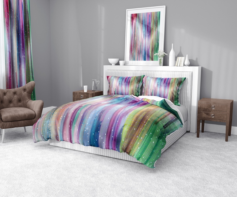 Aurora Colored Abstract Falling Stripes Comforter or Duvet Cover Twin, Queen, King image 2