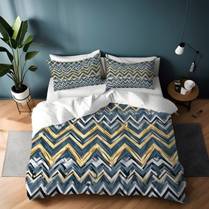 Abstract chevron-beddengoed - blauw en geel grillig patroon dekbedovertrek of dekbedovertrek | Twin, Queensize, Kingsize