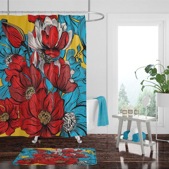 Psychedelic Poppy Flower Shower Curtain Bright Red Blue And Etsy