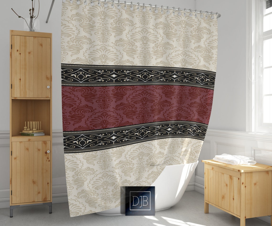 Beige and Burgundy Damask Shower Curtain Victorian Style Etsy