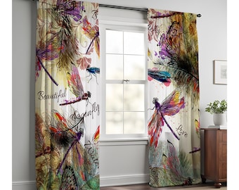 Boho Watercolor Dragonfly Window Curtain Panels | Long Panel Lined and Unlined Curtains