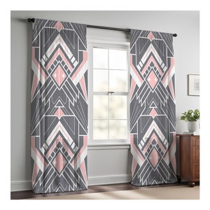 Modern Dark Art Deco Window Curtain Panels | Gray and Pink