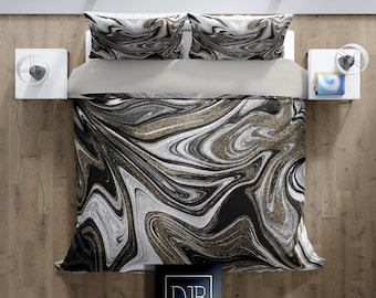Black, Gray and Gold Color Swirl Comforter or Duvet Cover | &quot;The White Tiger&quot; | Twin, Queen, King Size | Abstract Bedding