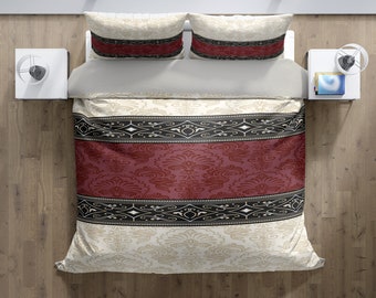 Beige and Burgundy Damask Pattern Bedding Comforter or Duvet Cover