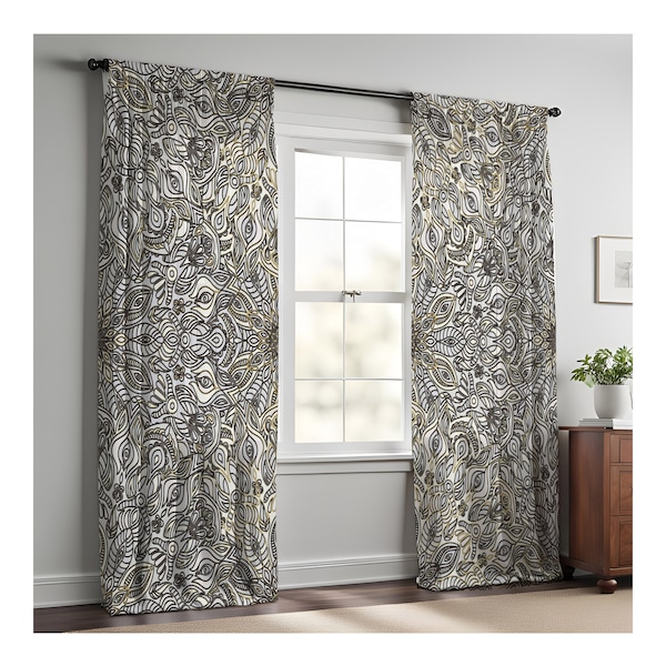 Gray and Gold Abstract Geometric Pattern Window Curtains