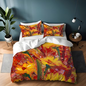 Fiery Floral Red and Yellow Painted Print Comforter or Duvet Cover | Twin, Queen, King Size