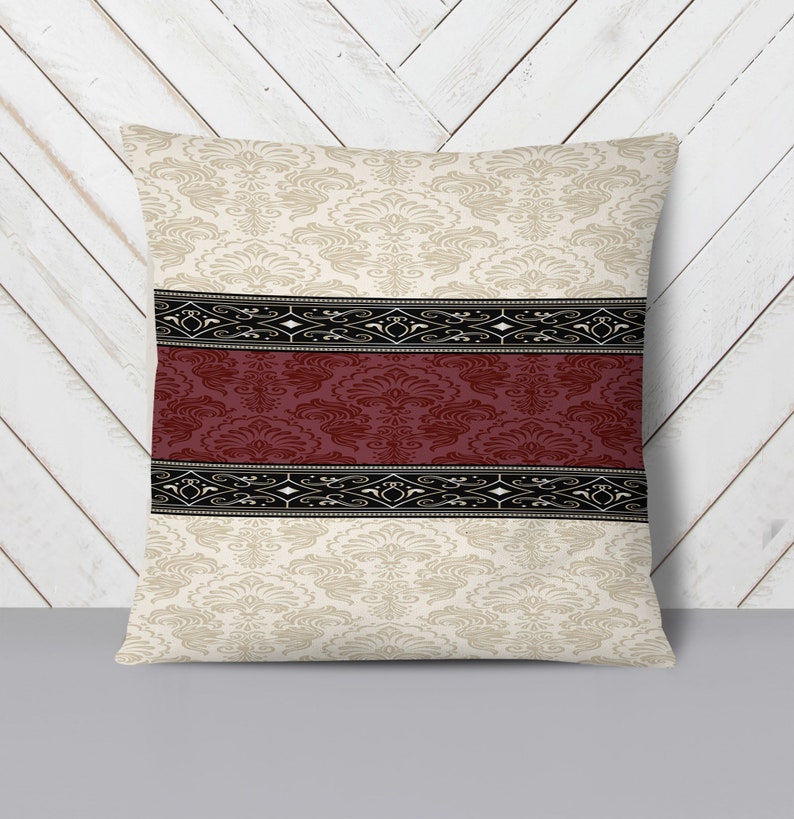 Beige and Burgundy Damask Pattern Throw Pillow Etsy