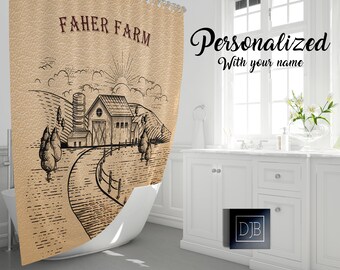 May include: A brown and tan shower curtain with a vintage illustration of a farmhouse and the text "FAHER FARM". The text "Personalized with your name" is also visible in the image.