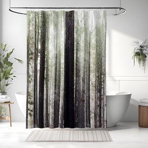 Forest Trees Shower Curtain | Long and Extra Long Shower Curtain | Misty, Nature, Outdoors, Woodland