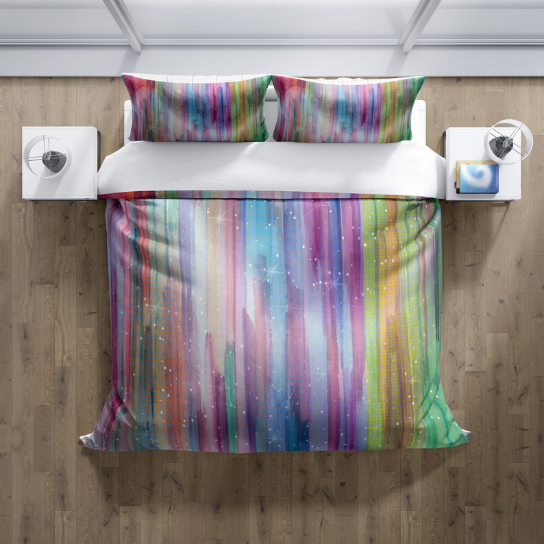 Aurora Colored Abstract Falling Stripes Comforter or Duvet Cover Twin, Queen, King image 1