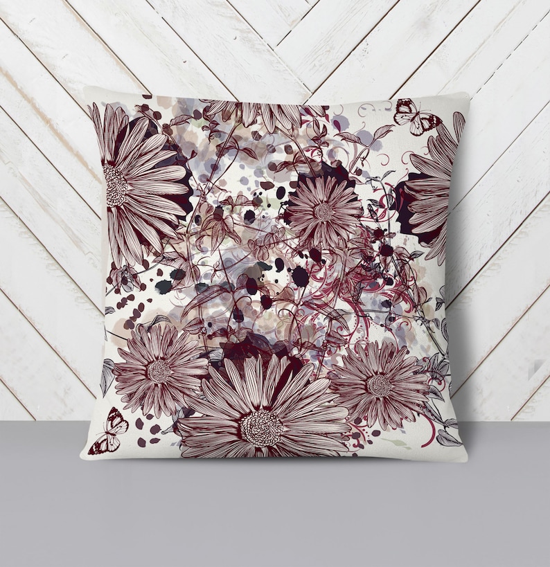 Burgundy and Beige Farmhouse Floral Throw Pillow Etsy