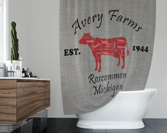 May include: A gray shower curtain with a red cow silhouette and the text "Avery Farms Est. 1944 Roscommon Michigan". The cow is divided into sections with labels for different cuts of meat.