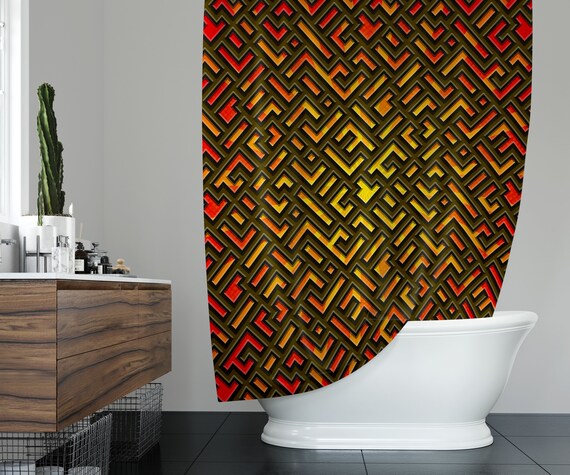 Brown Yellow And Red Geometric Shower Curtain W Bathmat Set Etsy