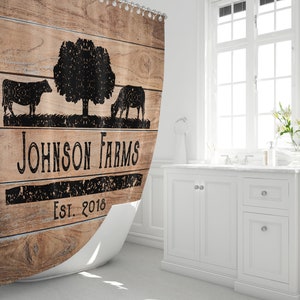 Personalized Rustic Angus Cow Farm Shower Curtain with Optional Bathmat | Rustic Wood, Cow Silhouette