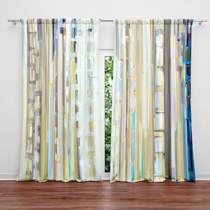 Abstract Painted Stripes in Blue and Yellow Window Curtain Panels | Lined, Unlined, Sheer, Room Darkening