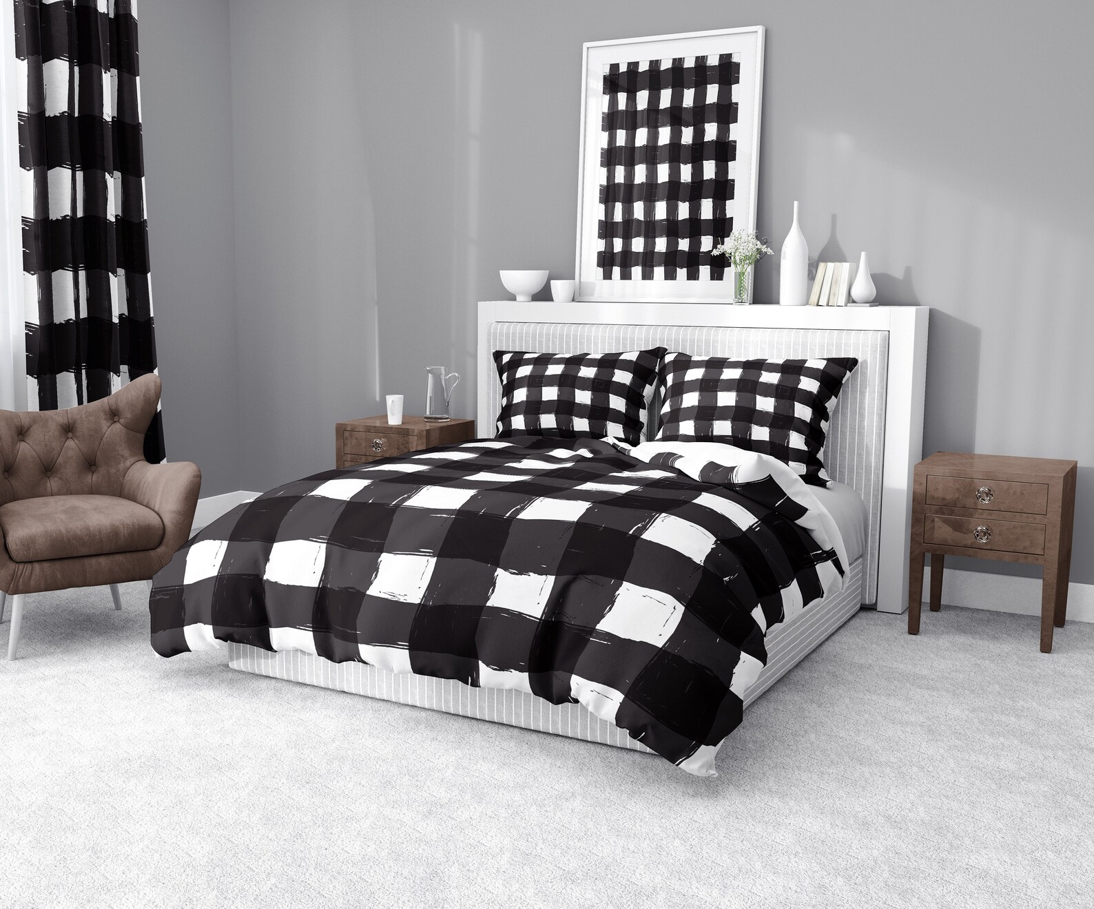 Black and White Ink Stripe Buffalo Plaid Comforter or Duvet Etsy