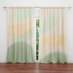 Green and Beige Whimsical Abstract Window Curtains | Lined, Unlined, Room Darkening Options