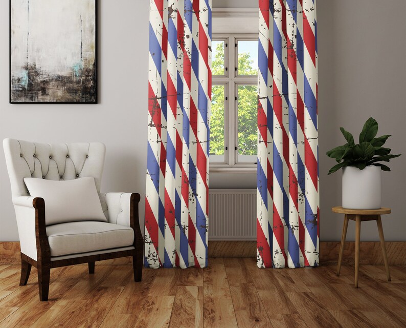 Red and Blue Striped Barber Shop Window Curtains Long Panel Etsy