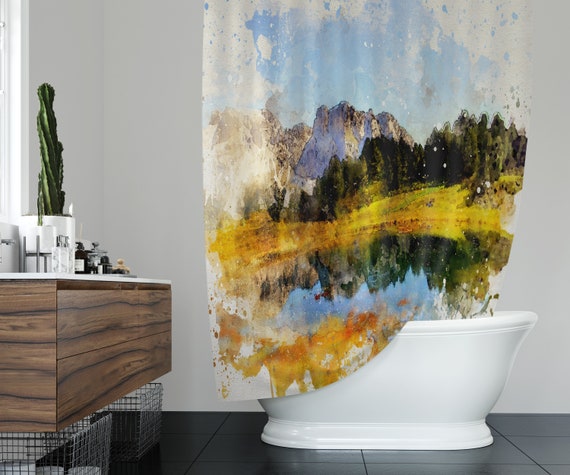 Watercolor Mountain Shower Curtain | Scenic Bath Decor
