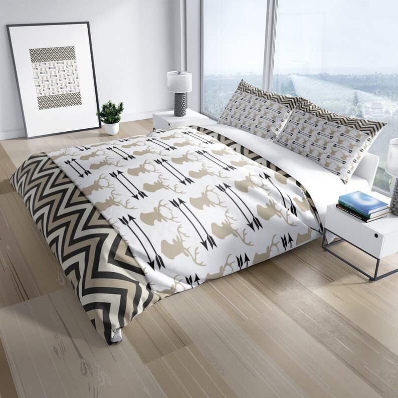 Earth Tone Rustic Comforter Or Duvet Cover Chevron And Deer Antlers Brown White Bedding Twin Queen King Size