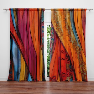 Bohemian Style Window Curtains - Abstract Red Flowing Pattern Curtain Panels | Lined, Unlined, Sheer, Room Darkening
