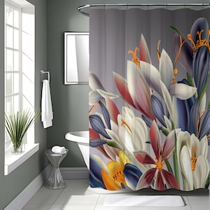 Gray Floral Shower Curtain Long and Extra Long Options Bathroom Decor ...