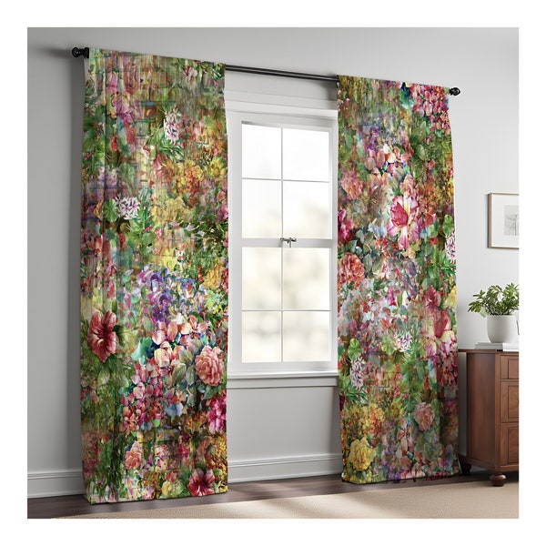 Boho Floral Window Curtains | Lined and Unlined Curtains | Painted Flowers | Abstract Living Room Design | Valance