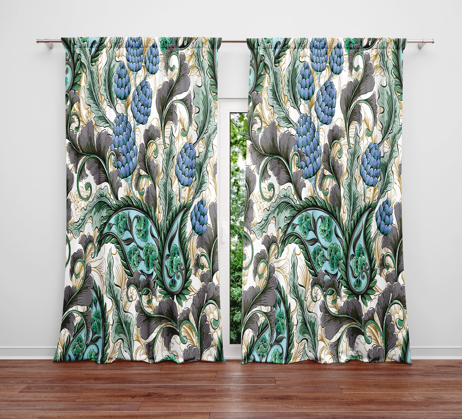 Blue and Green Paisley Floral Window Curtain Panels Long Etsy