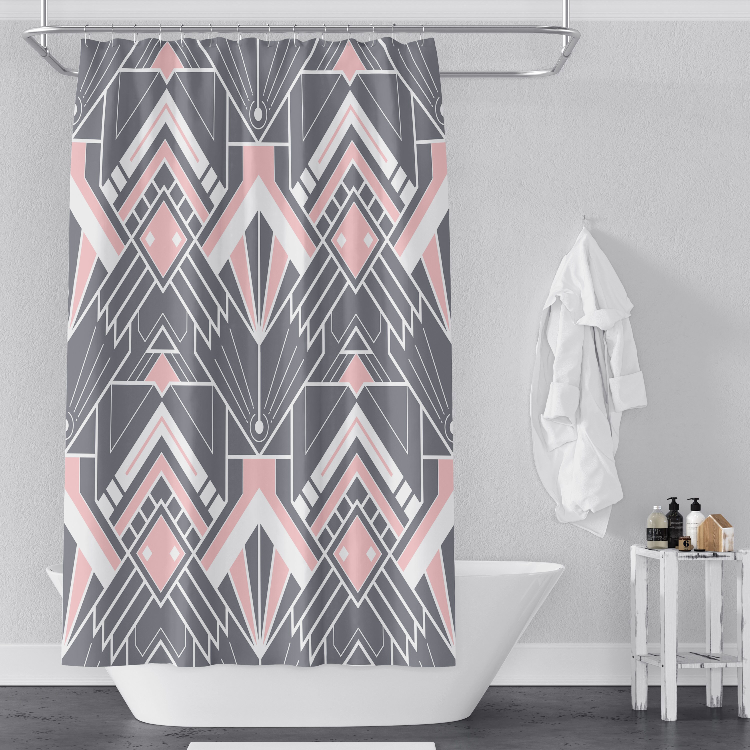 Modern Art Deco Shower Curtain Geometric Gray and Pink Etsy UK