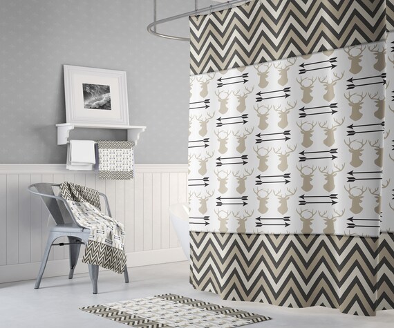 Earth Tone Chevron And Deer Antlers Shower Curtain Chic Farm Etsy
