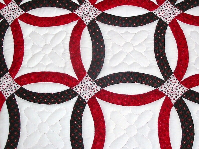 King Quilt, Double Wedding Ring, Hand Quilted, Red, Black and White Etsy