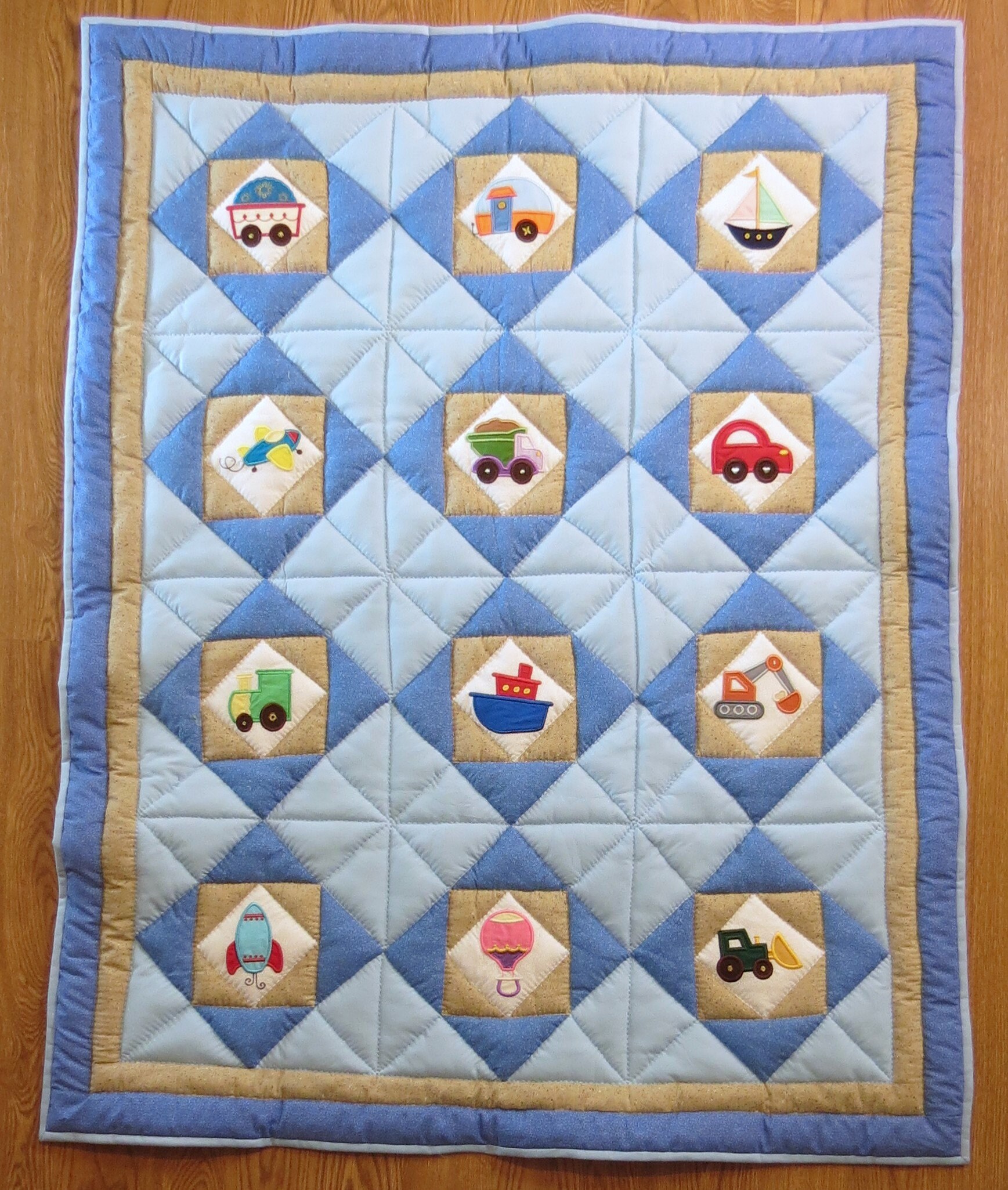 Crib Size Quilt with appliqued bright colored Vechiles Etsy