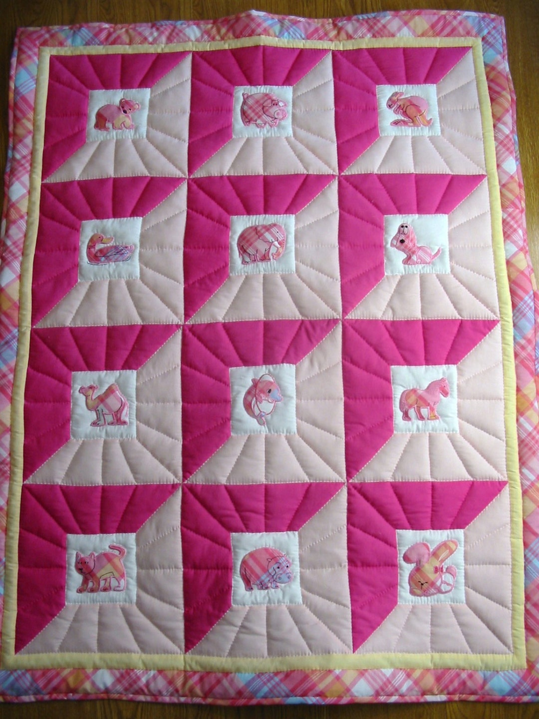 Crib Size Quilt peek at the Animals in Pink Etsy