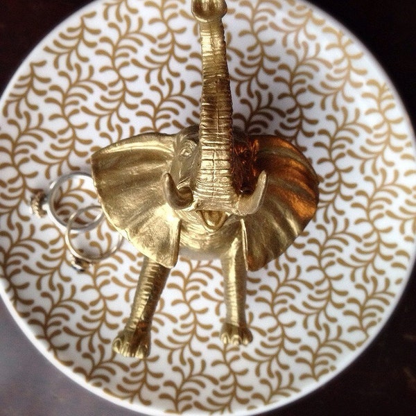 Tiny Taxidermy -White Catchall Dish with Hand Painted Gold Elephant - Jewelry Dish - Candy Dish