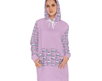 Women's Hoodie Dress | Mid-century Modern Geometric Pink Cat Print  | Gifts Idea for Her | Clocks