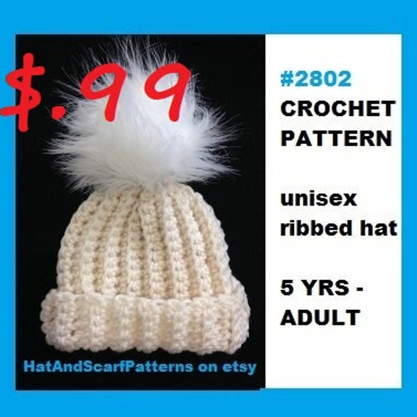 EASY unisex CROCHET HAT pattern, newborn, baby, child, teen, adult, men, women, boys, girls, #2802, Beginner level, worked flat