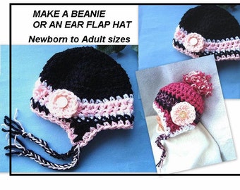 PATTERN: Striped Earflap Hat- Easy Crochet, All Sizes Newborn to Adult, pompom, tassels, beanie, modern baby, Permission to Sell, #228