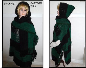 CROCHET PATTERN, Shawl, Cape, Poncho, Wrap, AND Hooded Scarf, 2 patterns, can be joined for a hooded cape, Pattern # 755