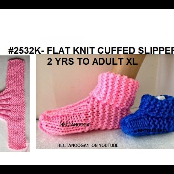 knit slipper pattern, flat knit slippers, easy enough for beginners, shop special sale, all sizes child to adult, #2532, free demo