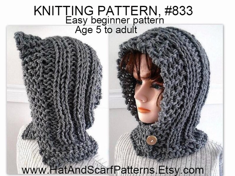 KNITTING PATTERN, Hectanooga Hood, Easy Beginner Pattern, Age 5 to Adult, Cable Knit Hood, Button up, Women and girls 833 image 1