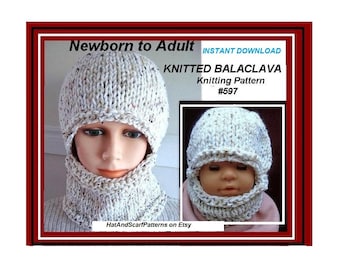 PATRÓN DE TEJIDO, gorro, pasamontañas fácil, o gorro y capucha, tejido plano, agujas rectas, (tallas para bebés recién nacidos, niños pequeños, niños y adultos) # 597