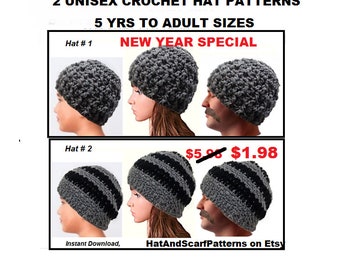 Crochet Patterns, 2 CROCHET HATS, 5 yrs to adult, Easy HAT crochet patterns, Unisex style for boys, girls, men, women. Gift for him or her
